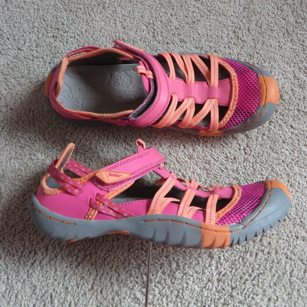 Jambu Youth Girls Water Sandals Size 4 Velcro Pink/Fuchsia/Coral/Gray Mary Jane